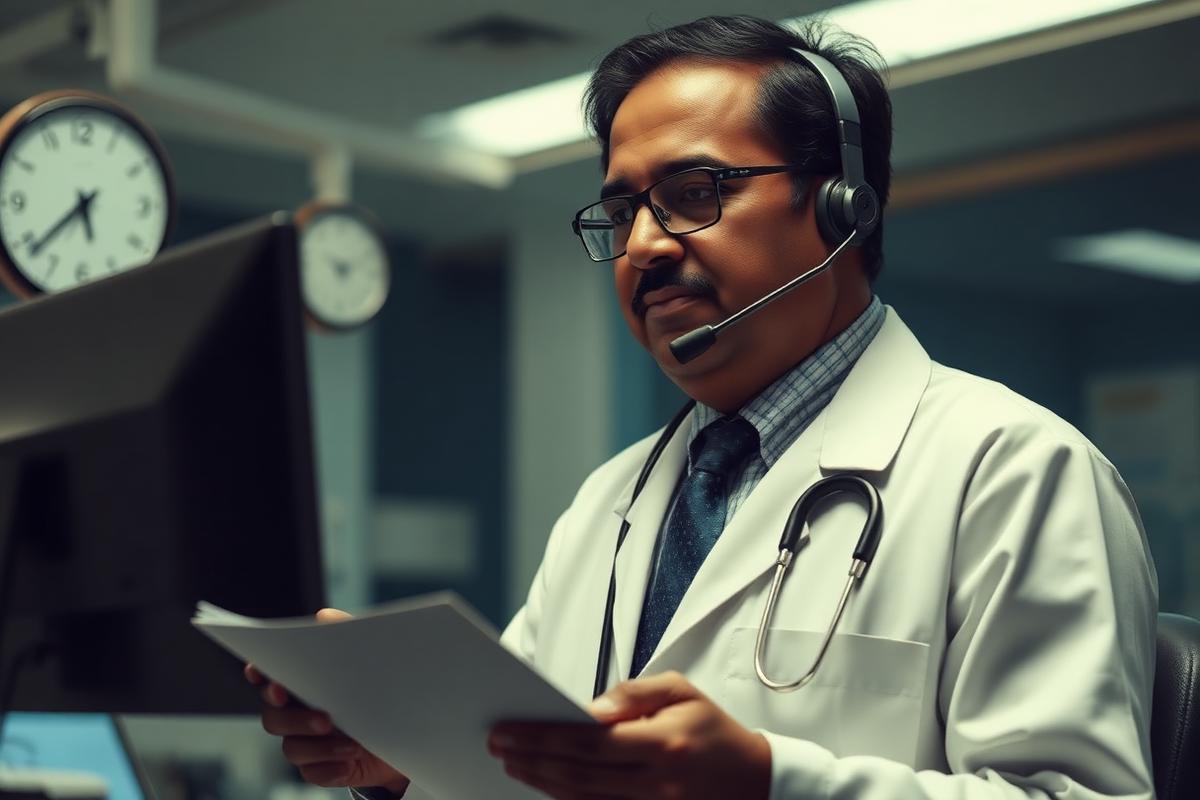 Clinician dictating notes into a headset microphone — illustration for: How is medical speech data collected in India?